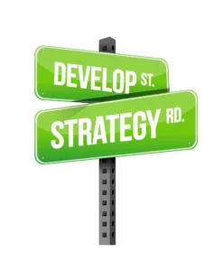 Crossroads between development and strategy; road sign