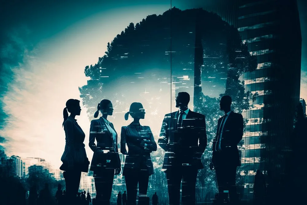 Business people in front of a digital silhouette of a tree and city buildings